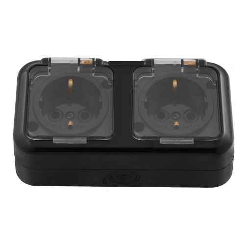 Розетка открытой установки 2-мест. с/з без з/ш с крышкой 16А черный IP54 ПРАЛЕСКА АКВА (РФ)